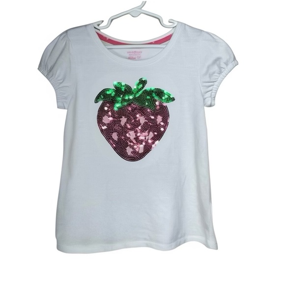 Isaac Mizrahi Girl’s Sequins Strawberry Short Puff Sleeve White Tee - Picture 1 of 5